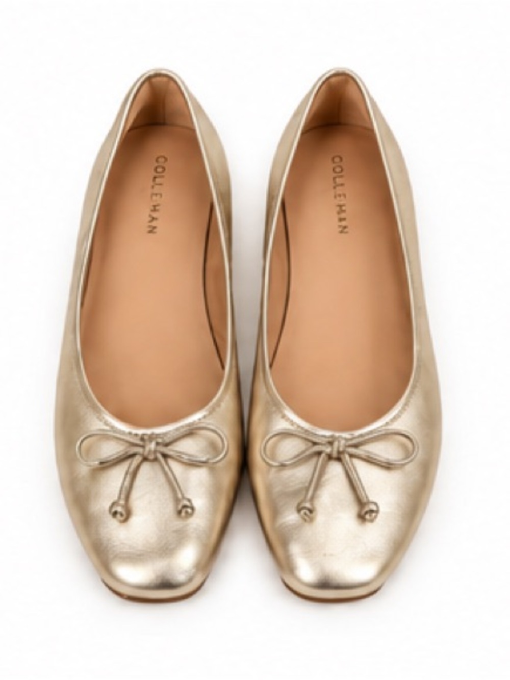 Cole Haan Metallic Champagne Leather Bow Almond Toe Ballet Flats Shoes Size 8